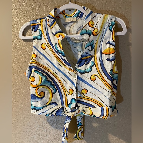Vibrant Blue and Yellow Patterned Sleeveless Button Down Shirt - Picture 1 of 6
